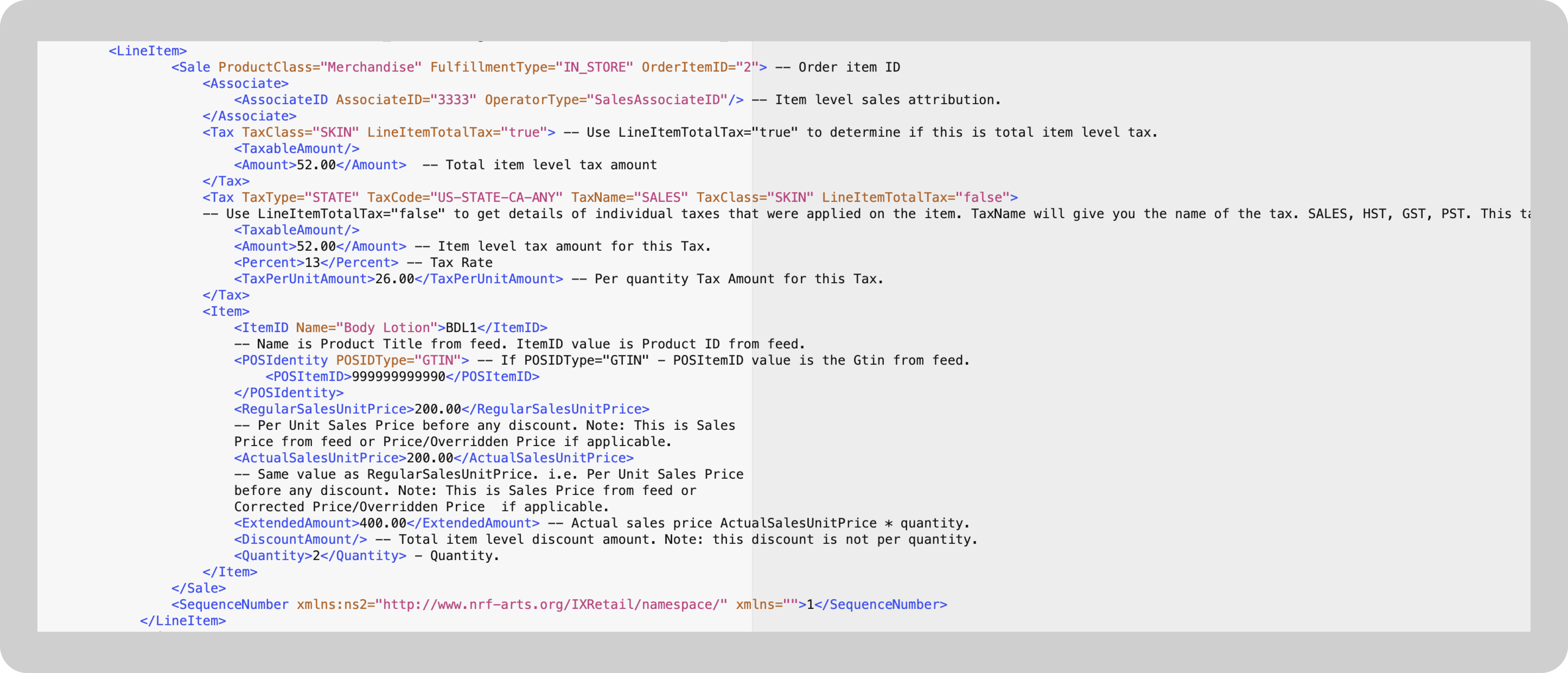 A screenshot showed the line item, product, details, and sale attribution under the line item tag.