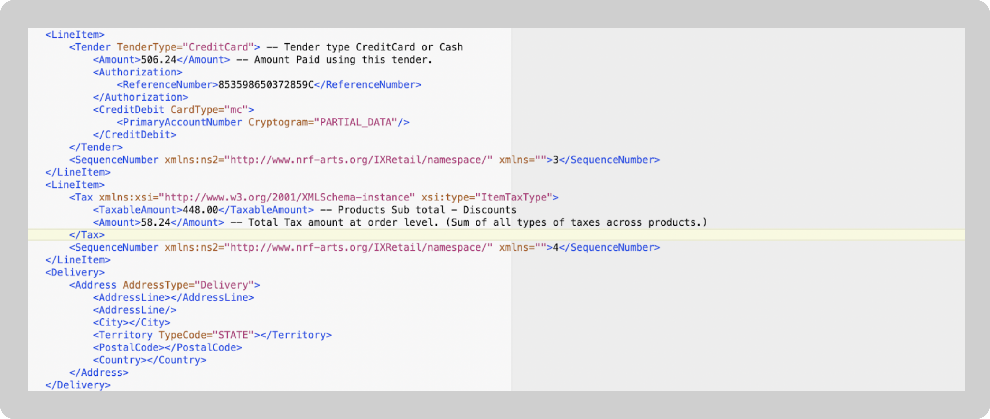 A screenshot shows the tender, order level tax, and delivery details under the line item tag, but with different types to distinguish the line items.