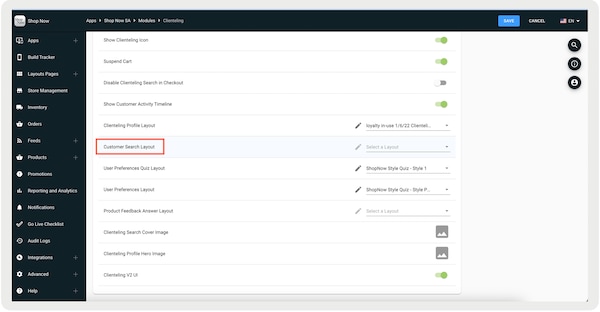 The Clienteling section of Point of Sale CMS showing the Customer Search Layout setting, where you can pick the one you created.