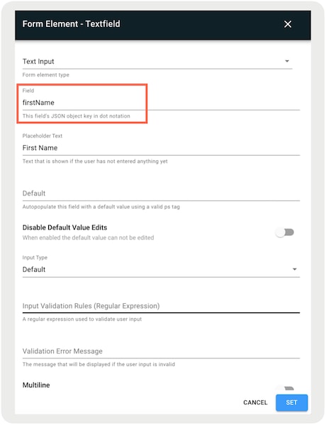 The Form Element Textfield section with Field configured.