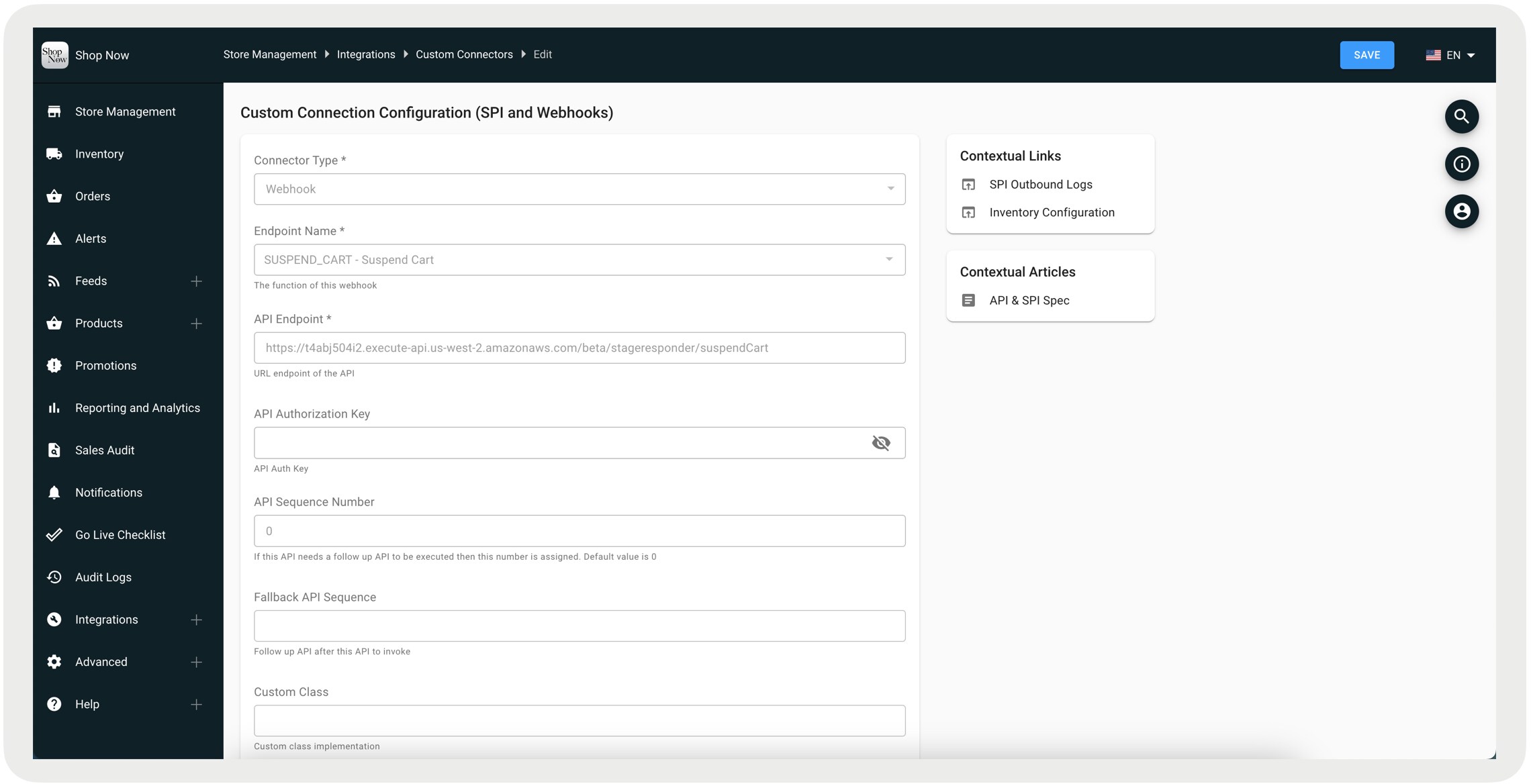 The CMS shows settings for a webhook to export data for suspended cart.