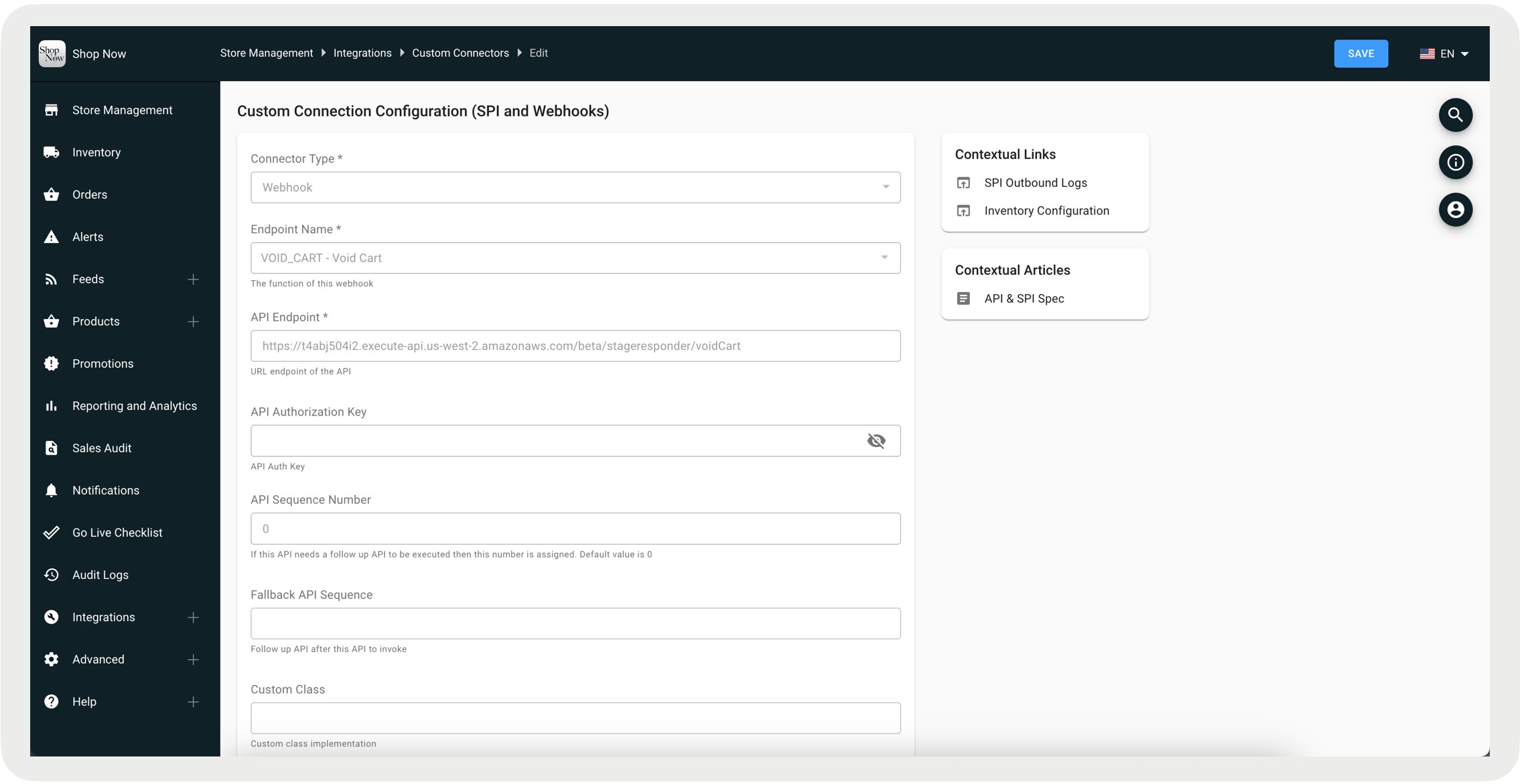 The CMS shows settings for void cart data export.
