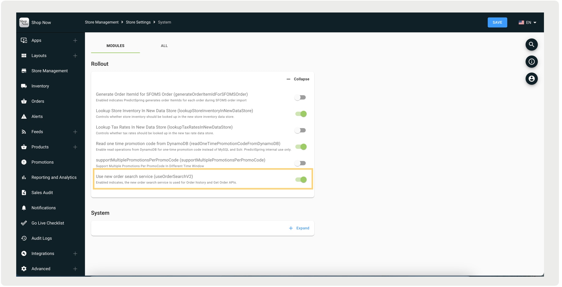 The CMS shows the use new order search service flag.