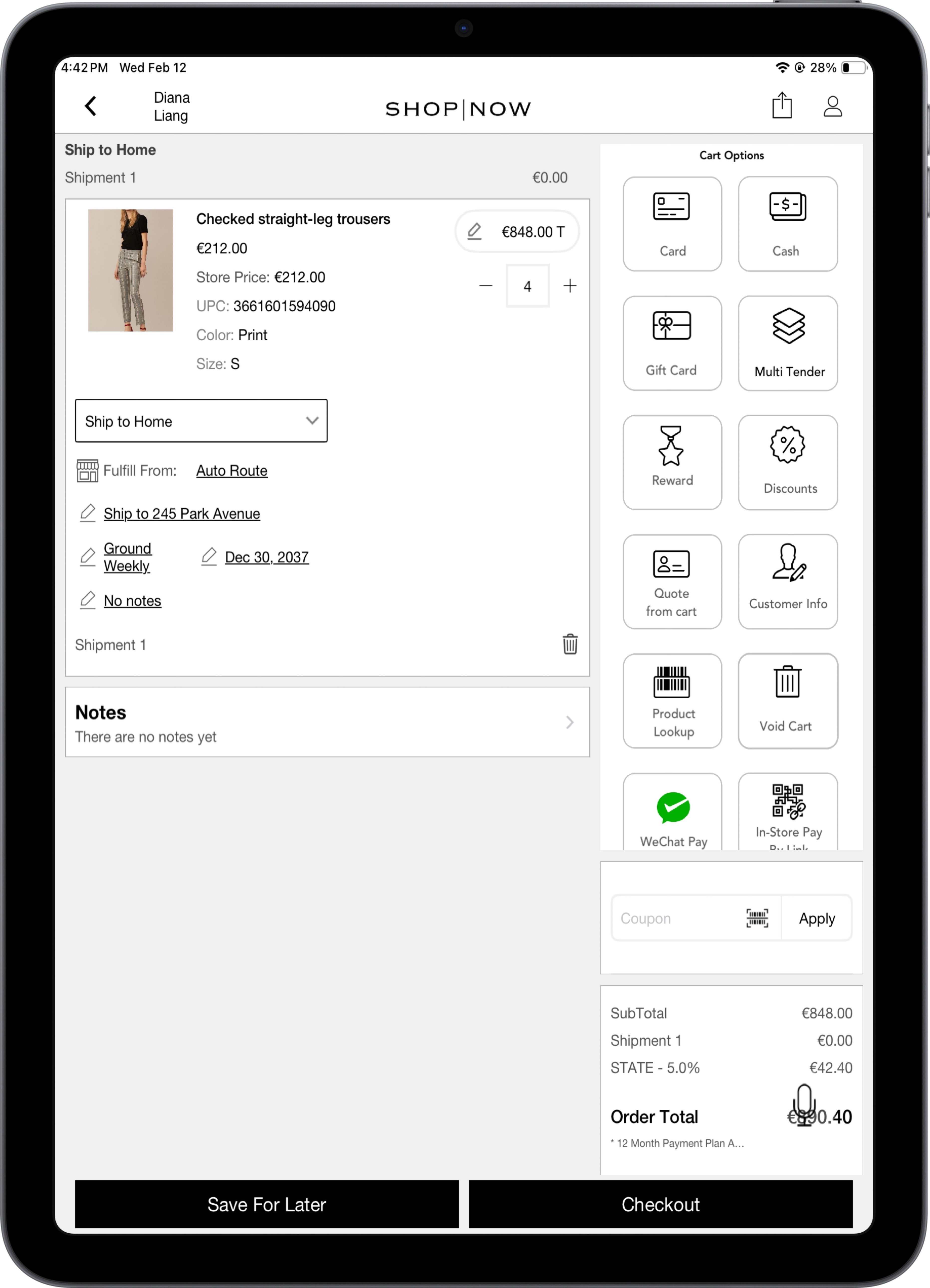 The POS shows a shopping cart with 4 selected as the quantity for a product.