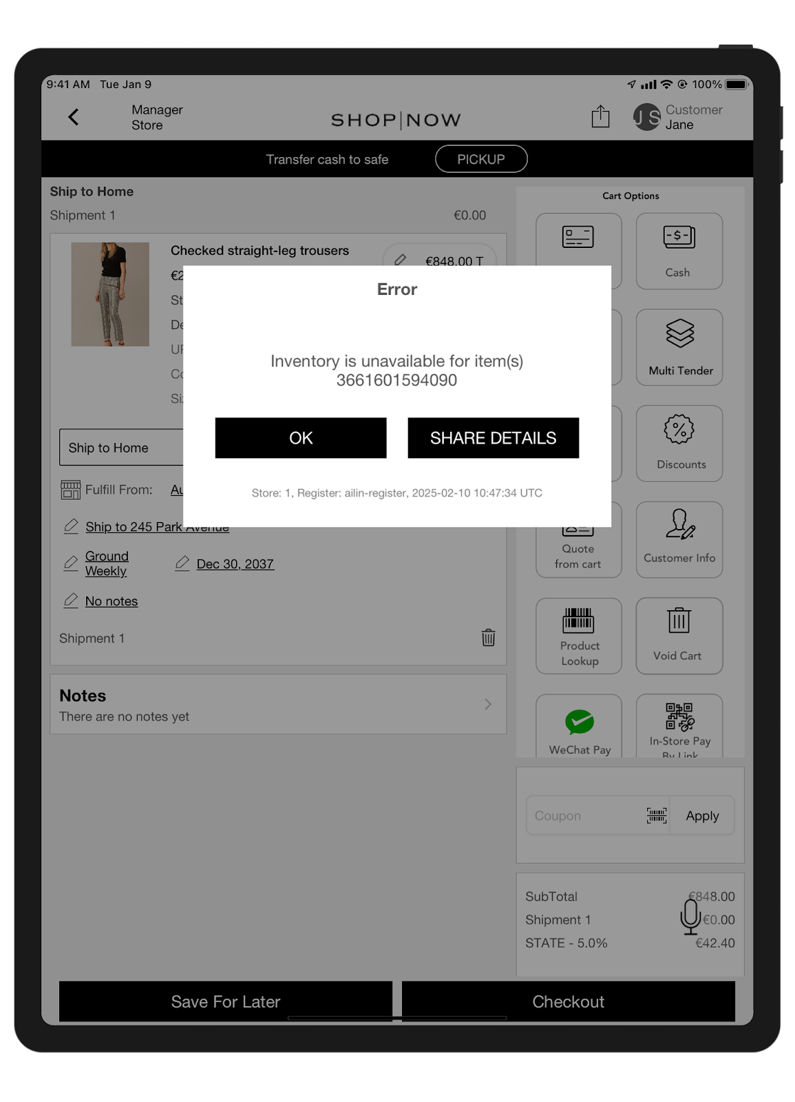 The POS shows an error message indicating that the cart cannot be exported.