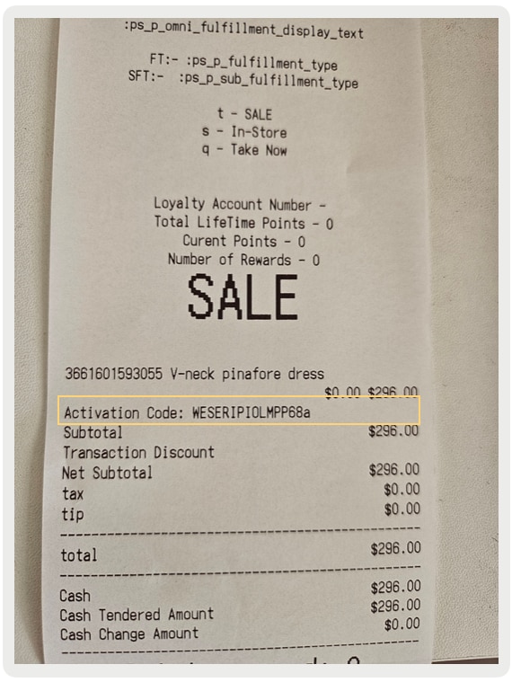 An example receipt containing an activation code.