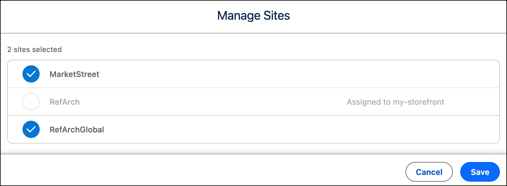 Manage sites modal for changing site assignments for the storefront