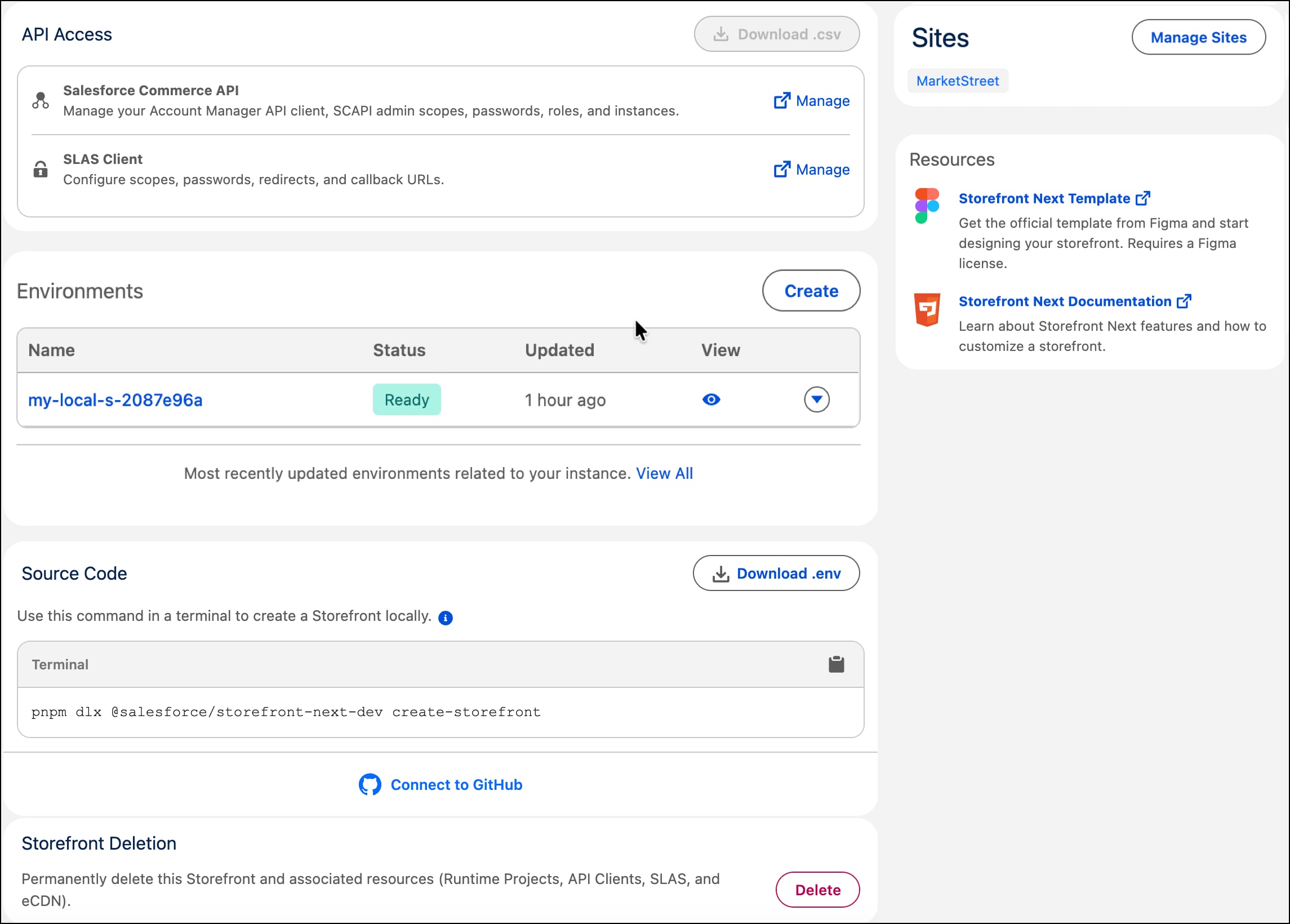 The Storefront Next setup completion page points to development resources