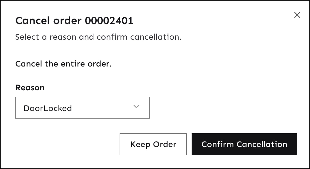 The cancel order modal with cancellation reasons