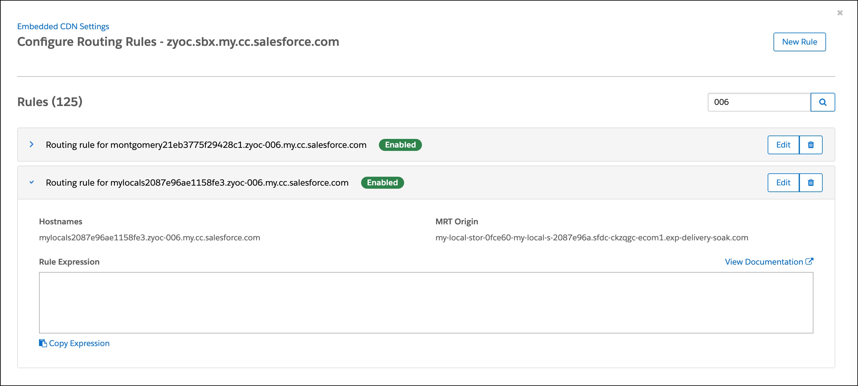 The eCDN routing rule in Business Manager showing the hostname and MRT origin