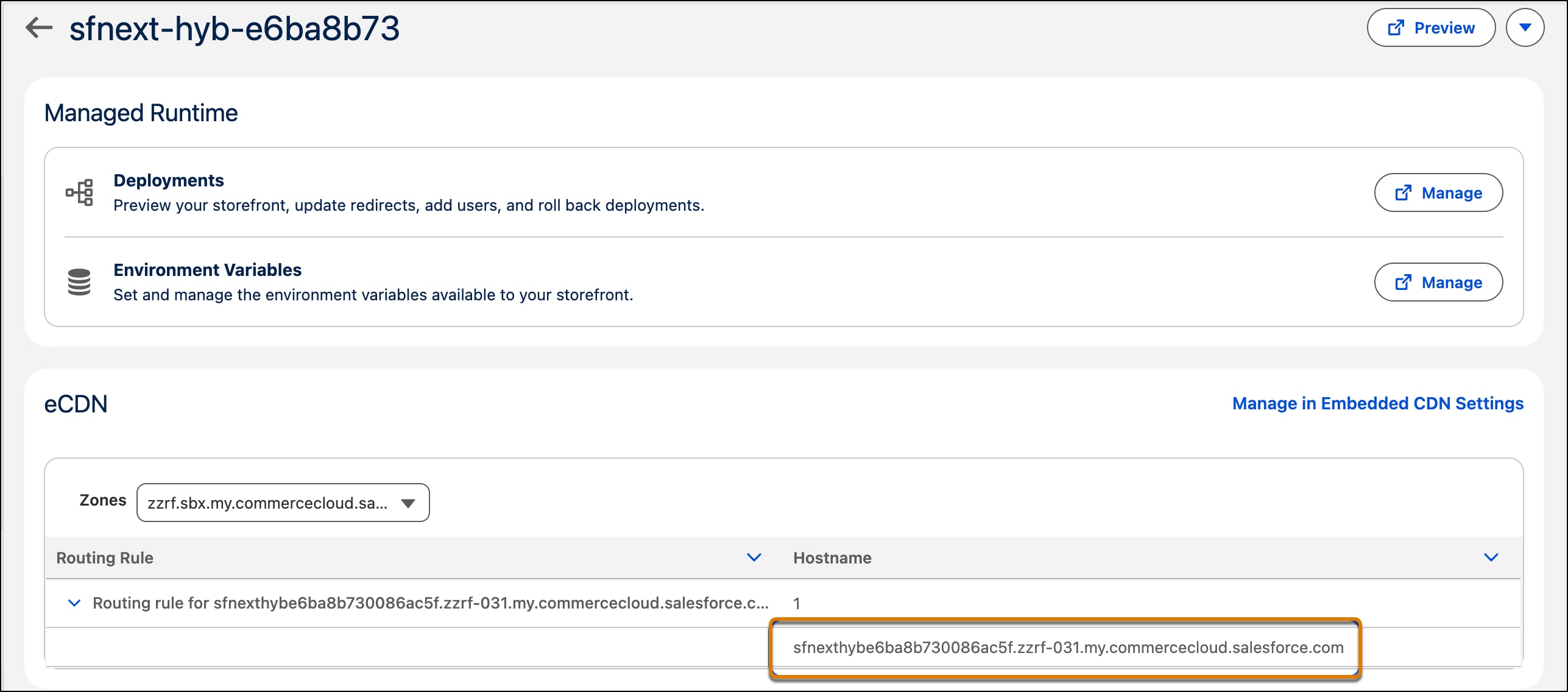 Default eCDN routing rule showing the hosted zone hostname