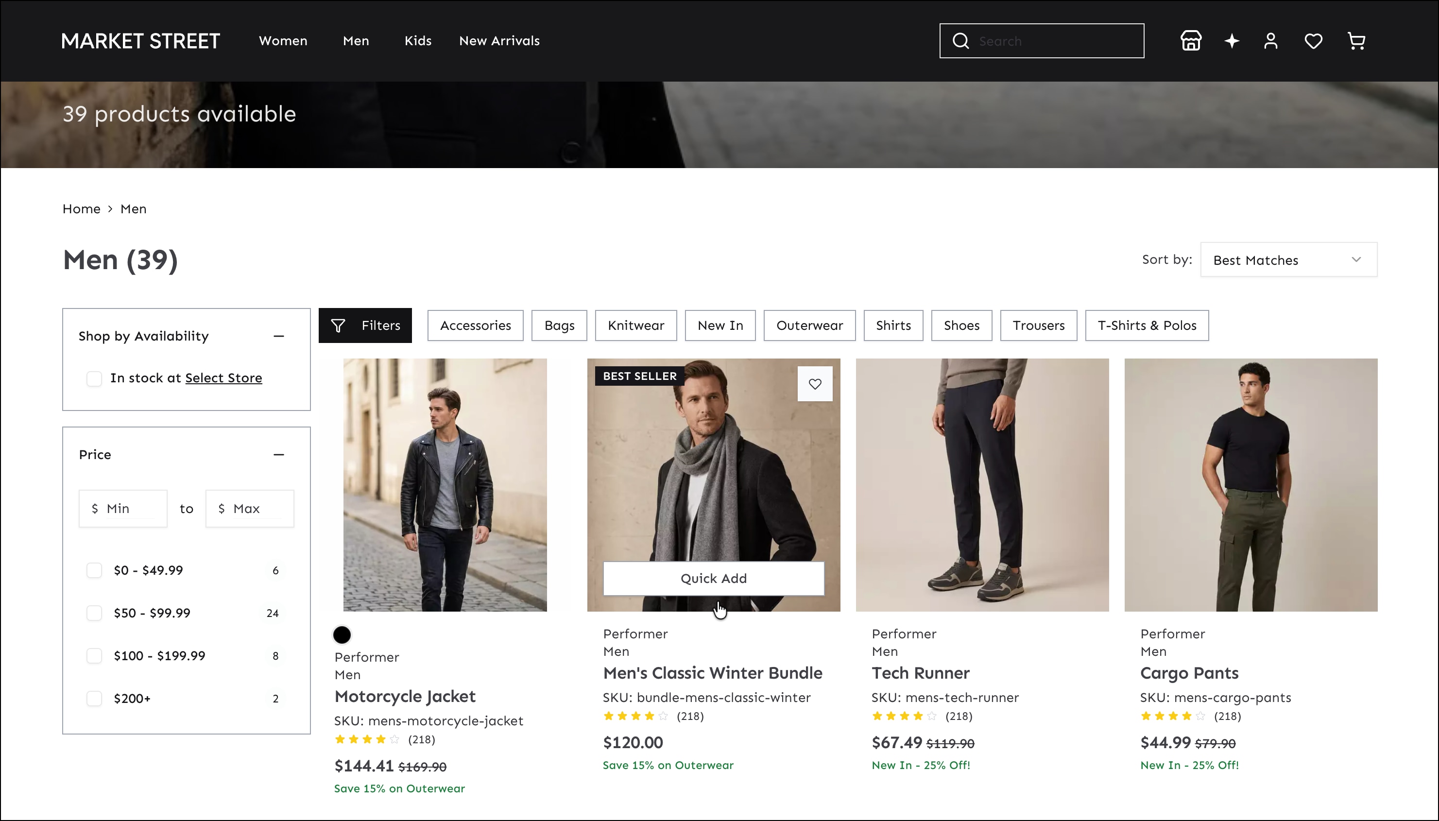 Product listing page in Storefront Next showing products available at a store and badges for in-store pickup