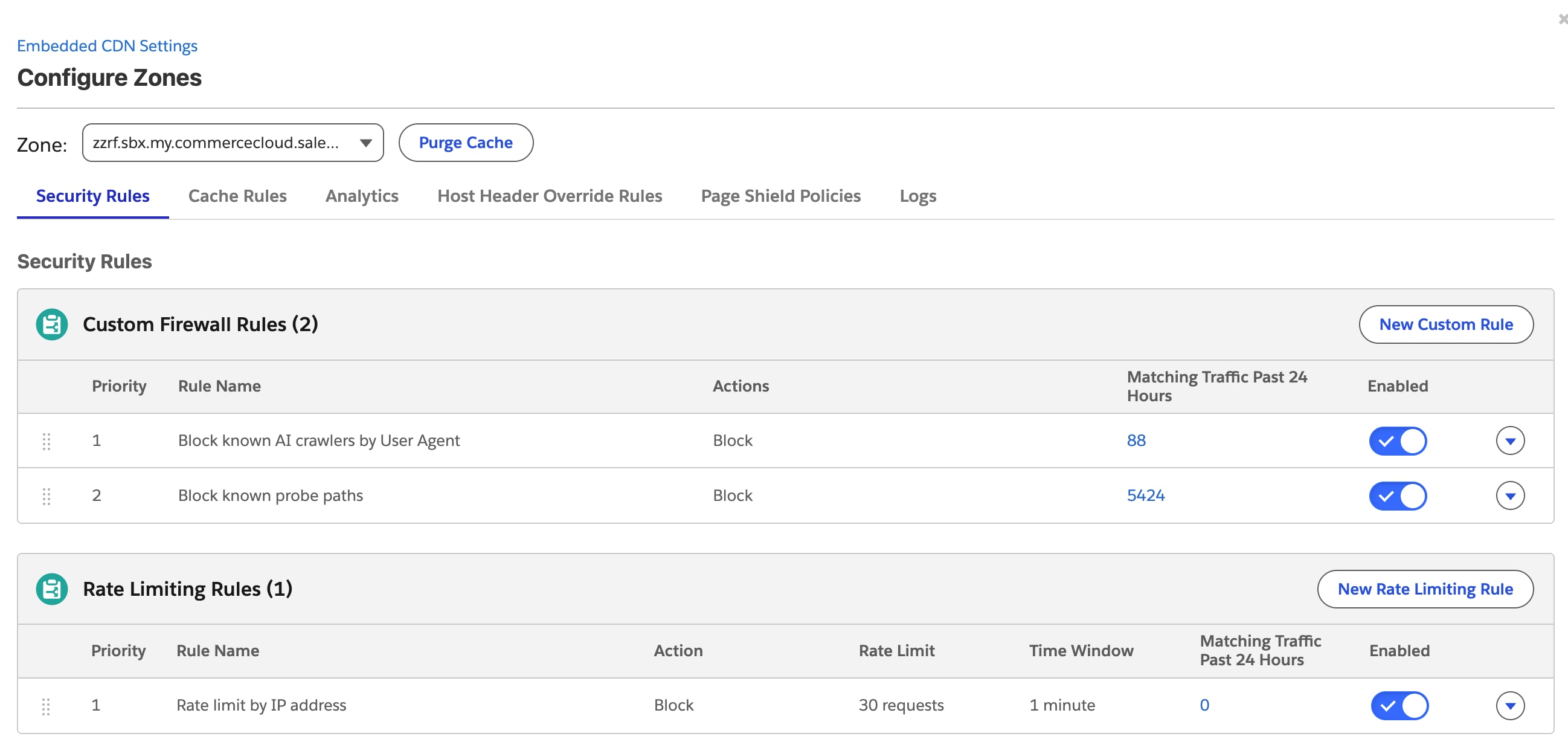 Default Custom Firewall Rules and Rate Limiting Rules on the Security Rules tab