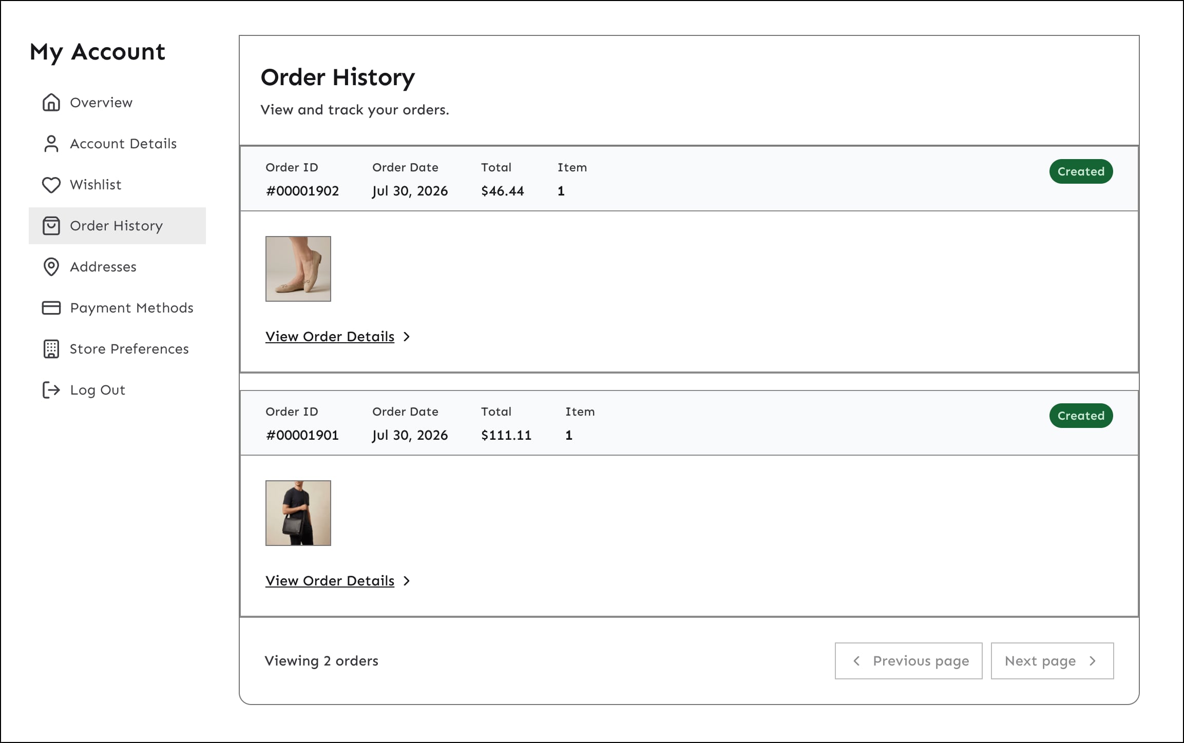 Order history page showing the orders placed for the logged-in shopper