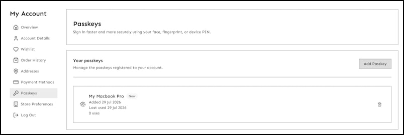 Manage passkeys in the account area