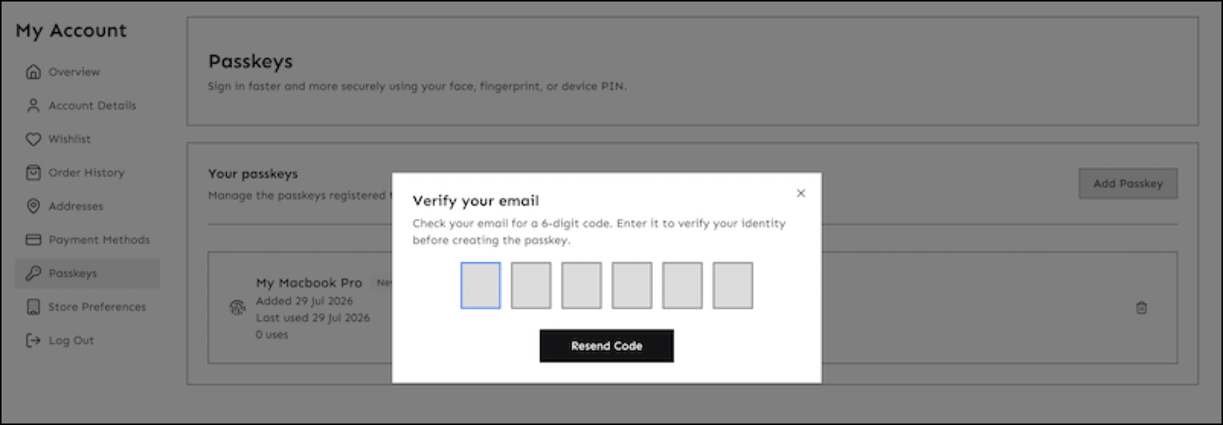 Passkey OTP verification modal