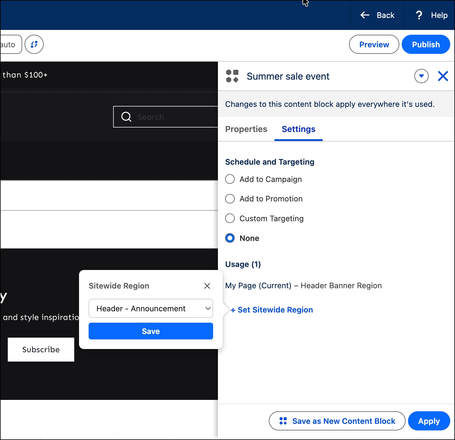 The Set Site-Wide Region button opens a popup that contains the regions to select for this component