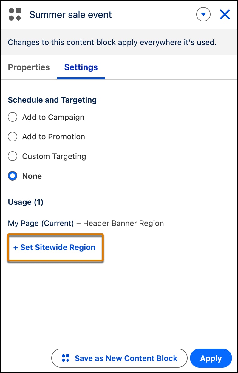 Content block contains the Set Site-Wide Region button that places it in a site-wide region