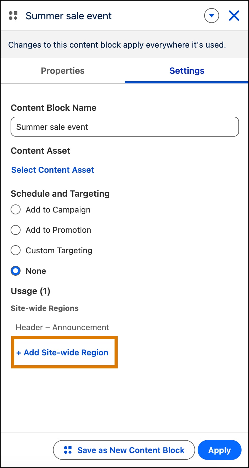 Content block contains the Set Site-Wide Region button that places it in a site-wide region