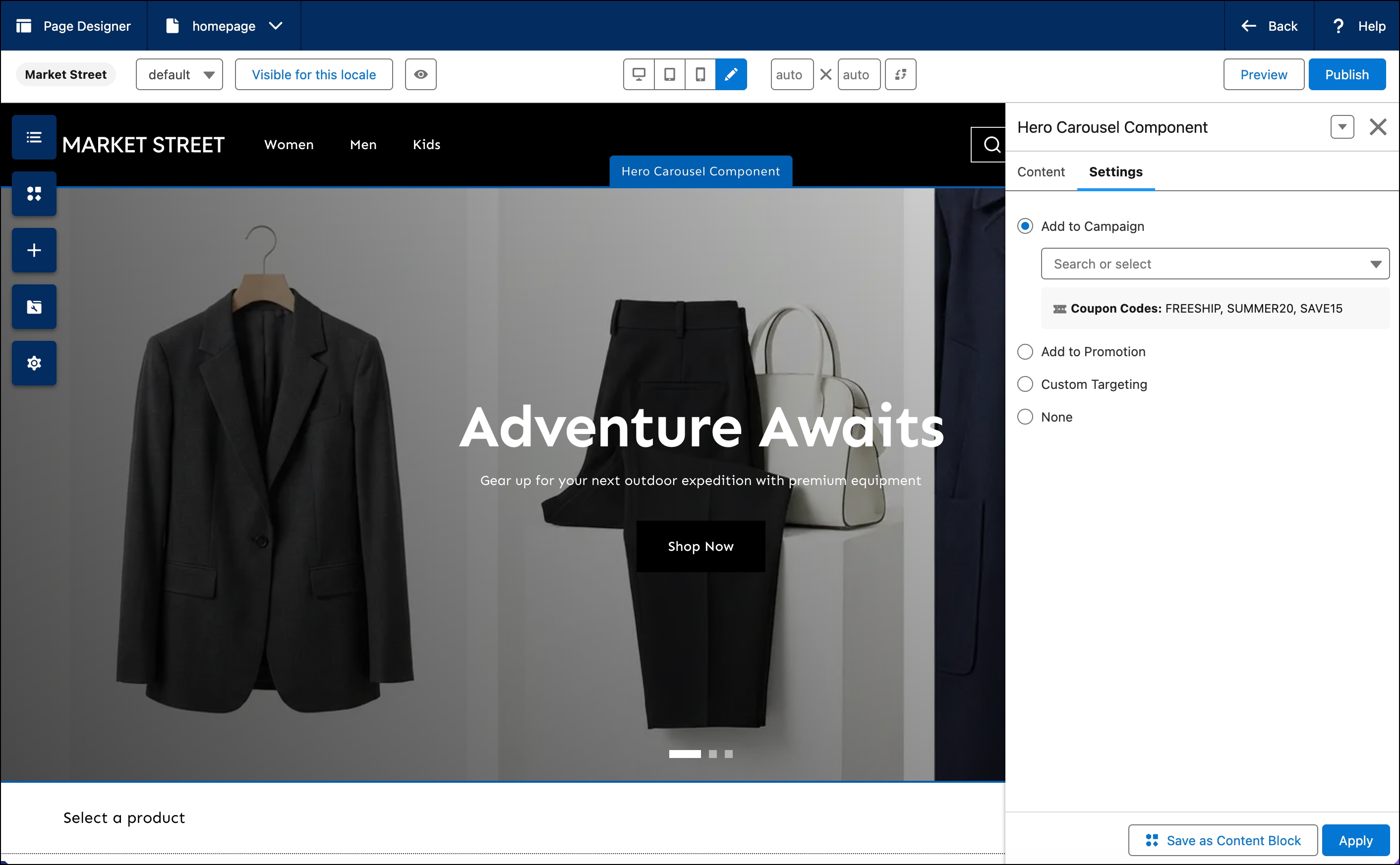 Page Designer shows targeting options for campaigns and promotions