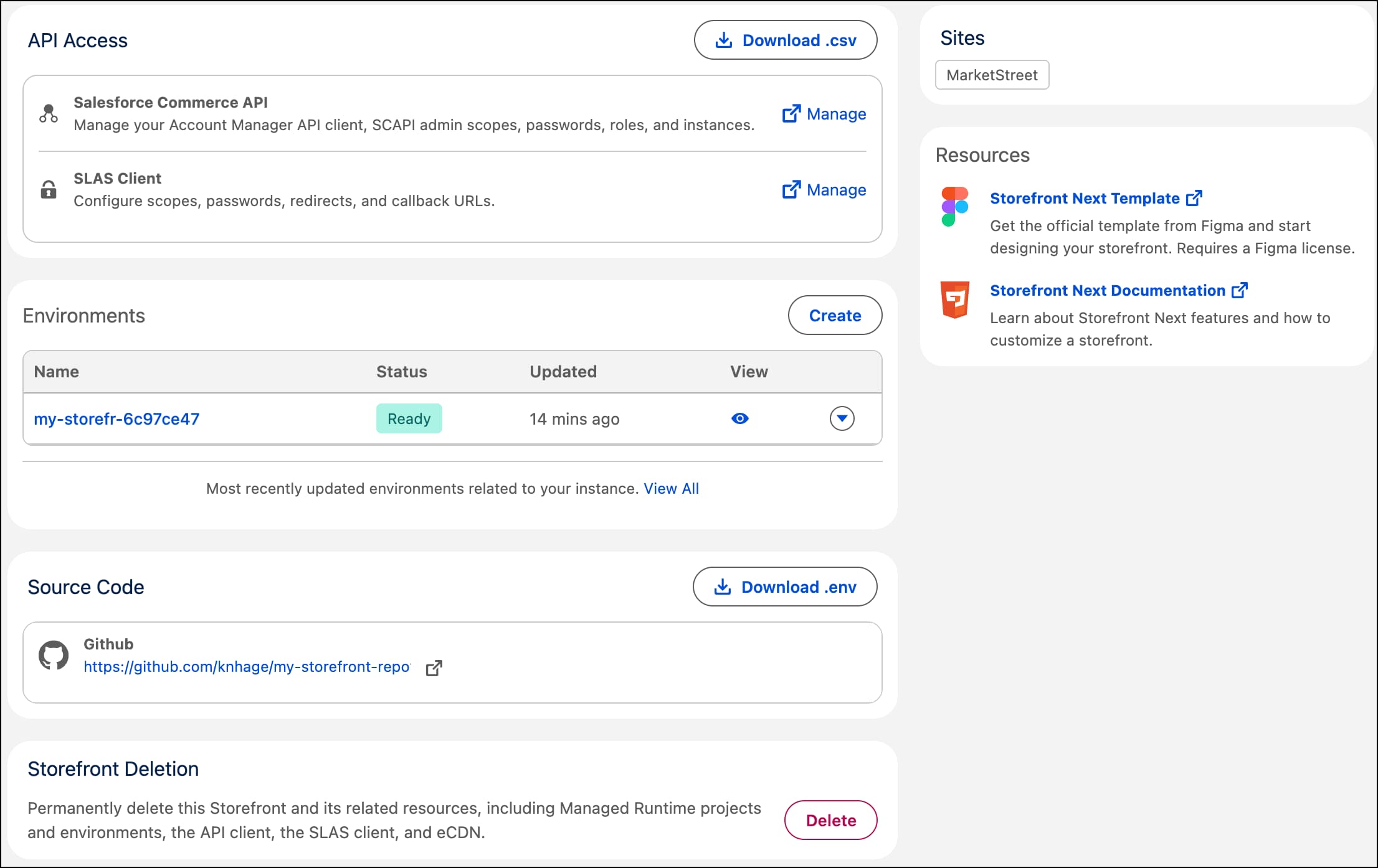 The Storefront Next setup completion page points to development resources