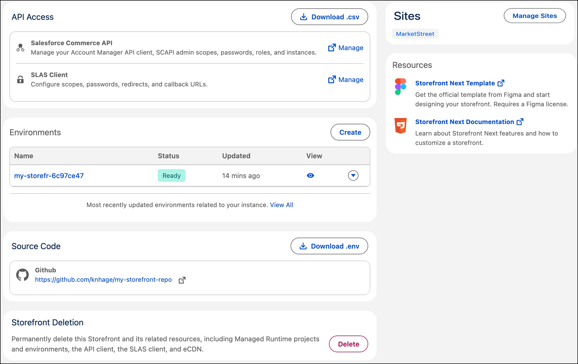 The Storefront Next setup completion page points to development resources