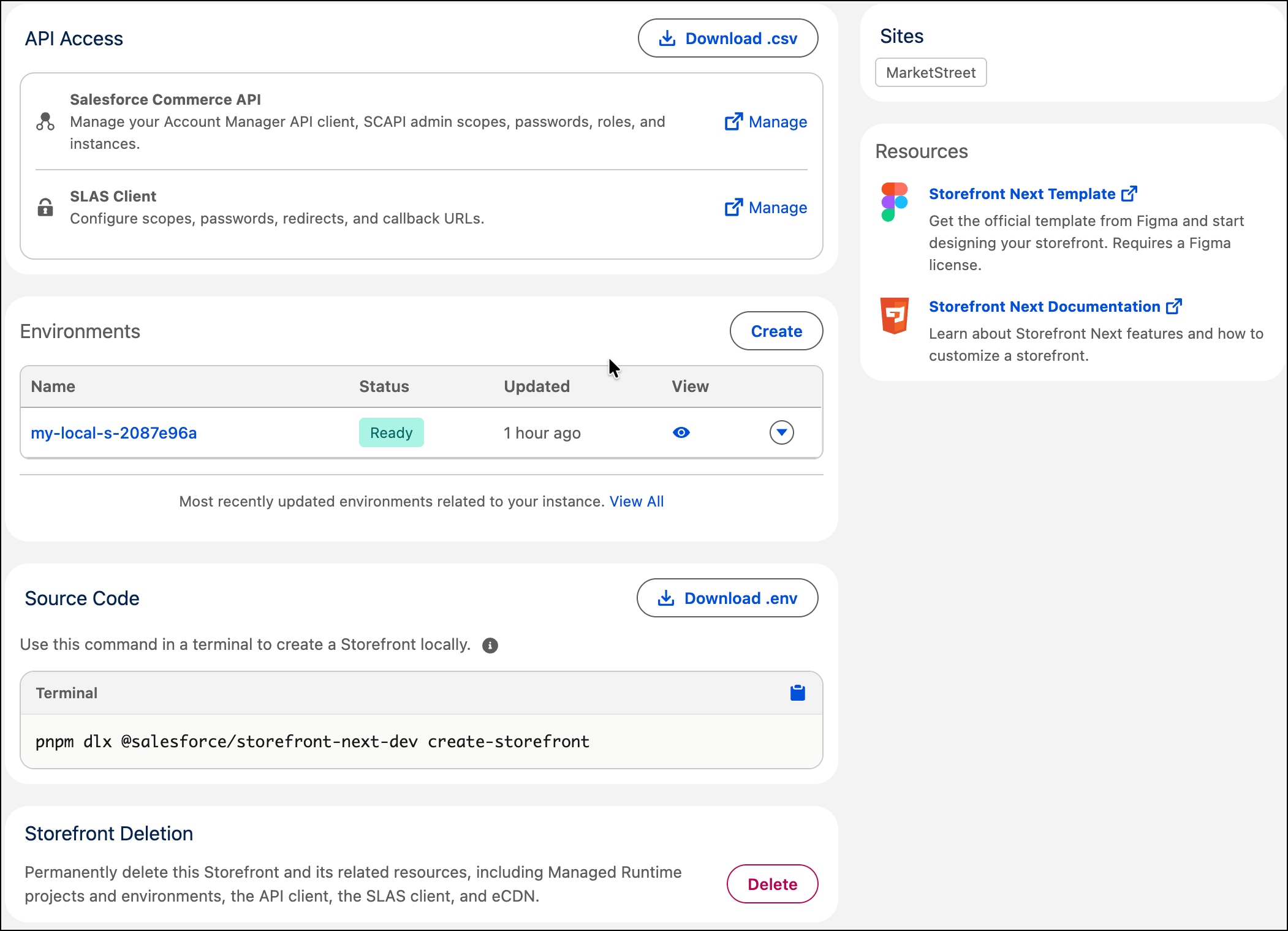 The Storefront Next setup completion page points to development resources