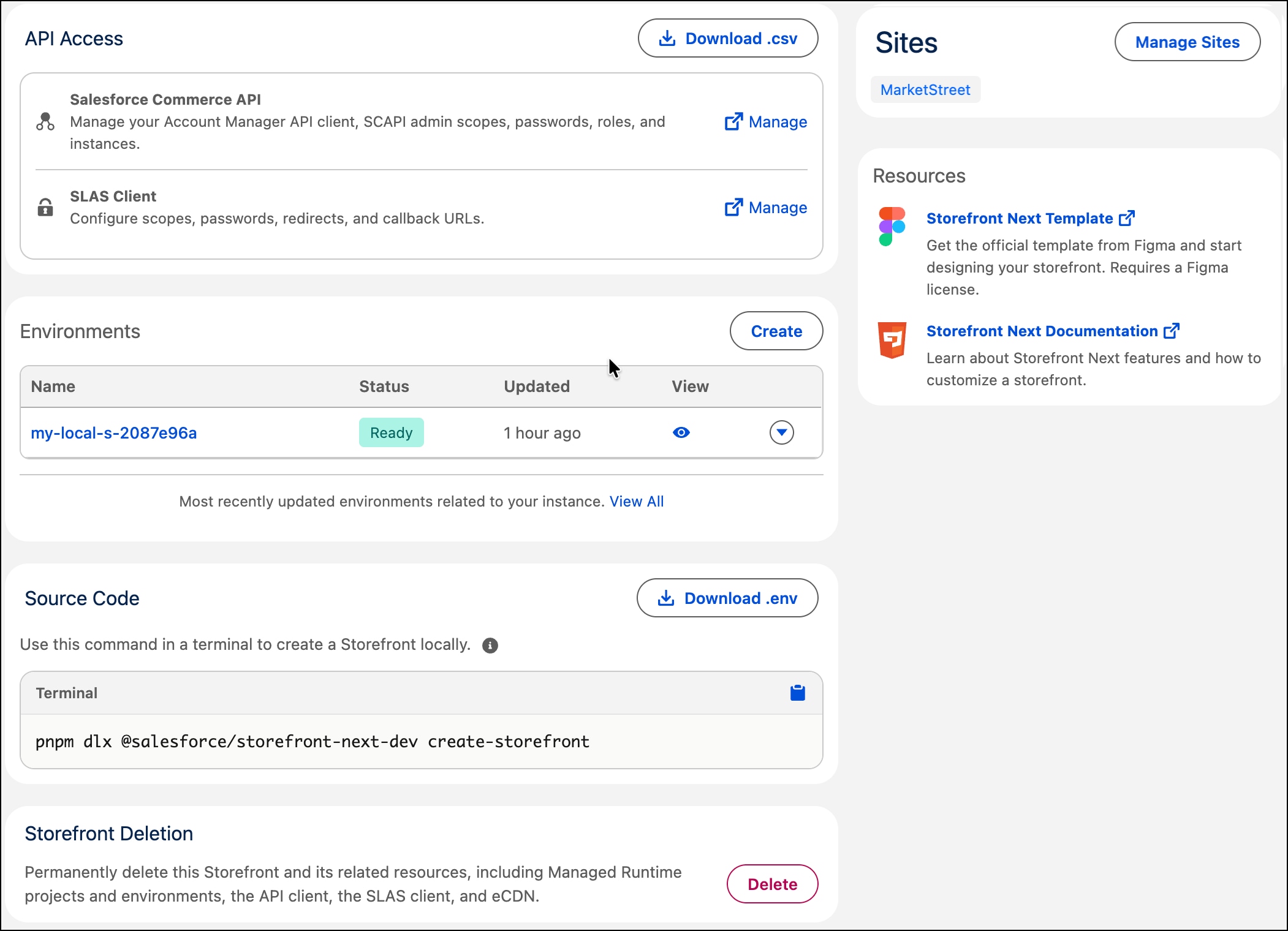 The Storefront Next setup completion page points to development resources