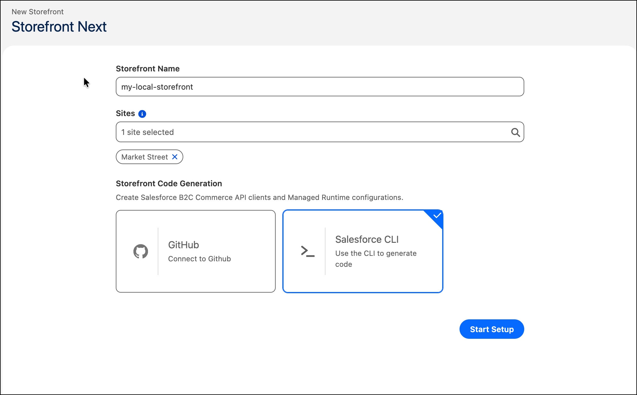 Storefront setup page in Business Manager with the local CLI