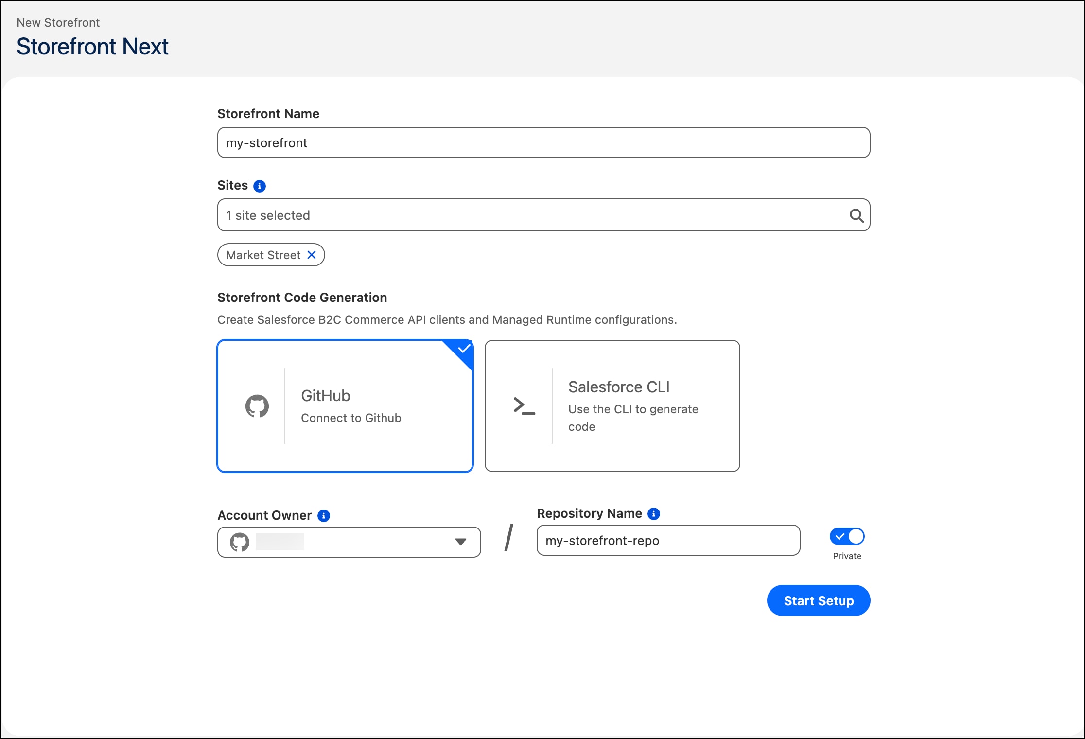 Storefront setup page in Business Manager with a GitHub organization