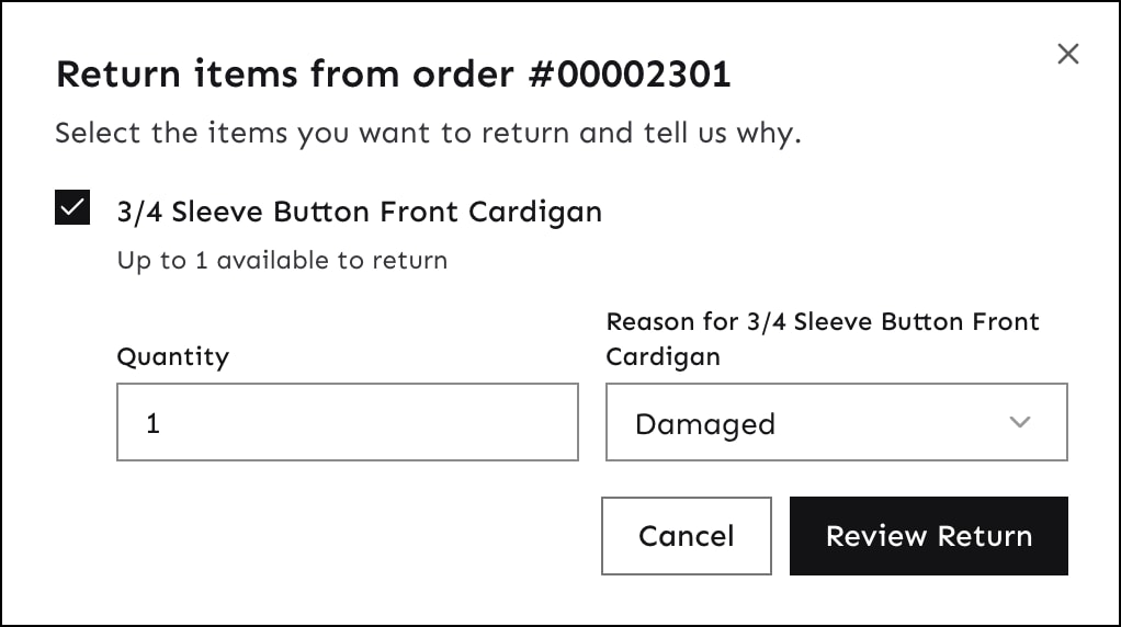 The return item modal with return reasons