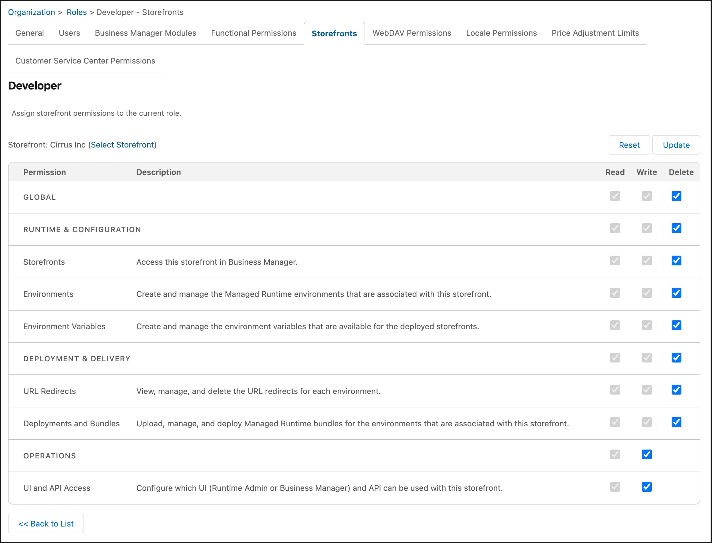 Storefront roles and permissions