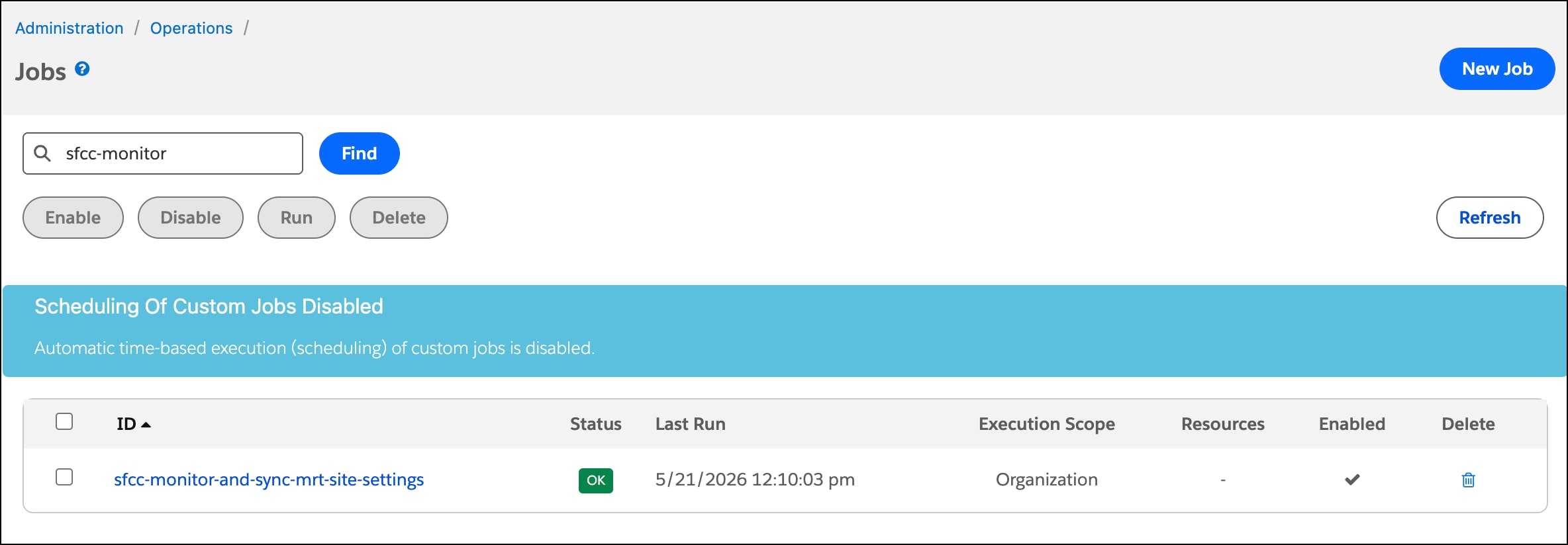 The jobs page showing the site preferences job