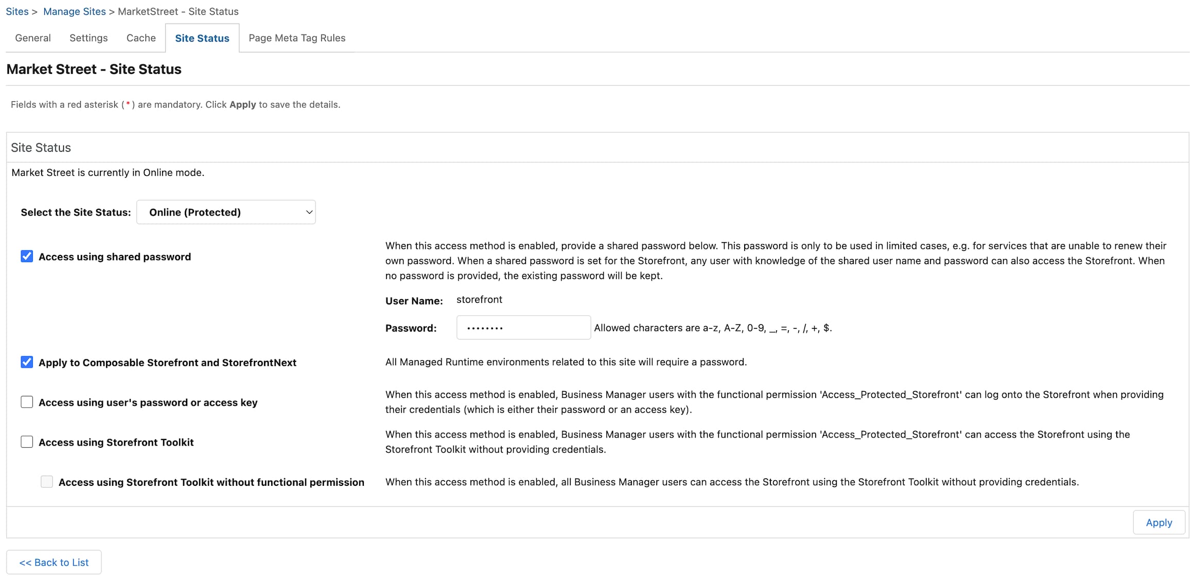 Select a site status and shared password for the protected storefront