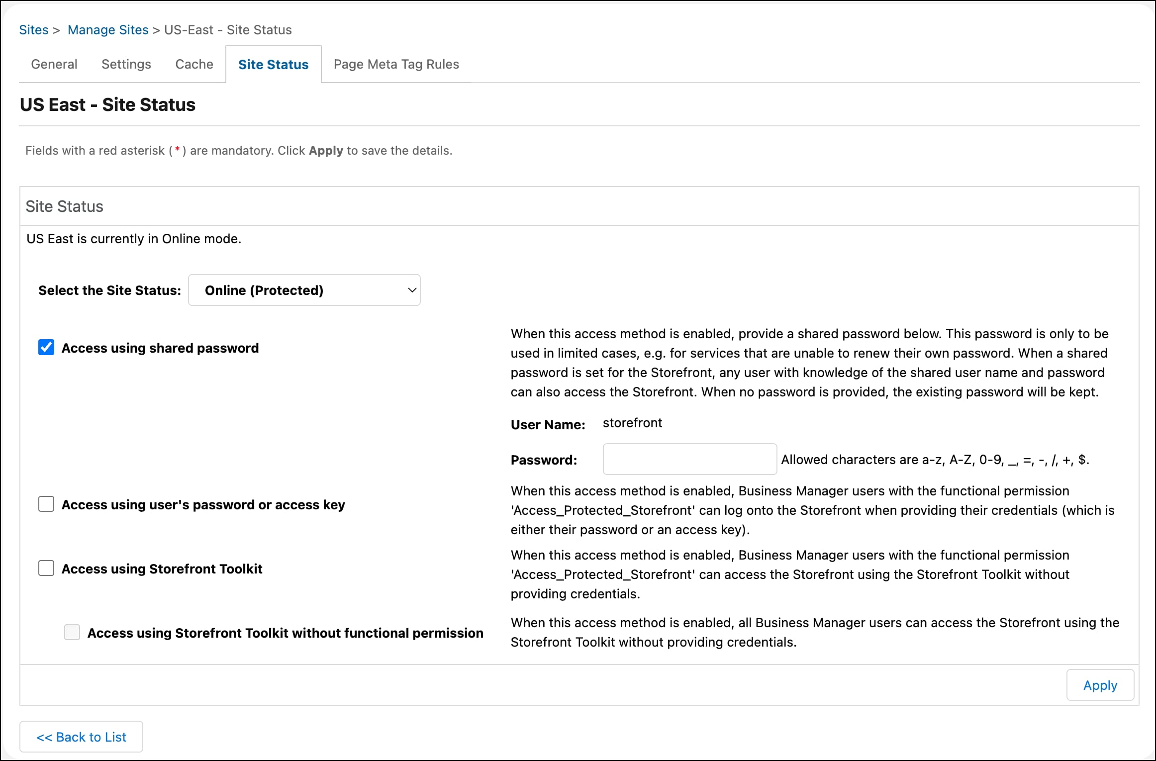 Select a site status and shared password for the protected storefront