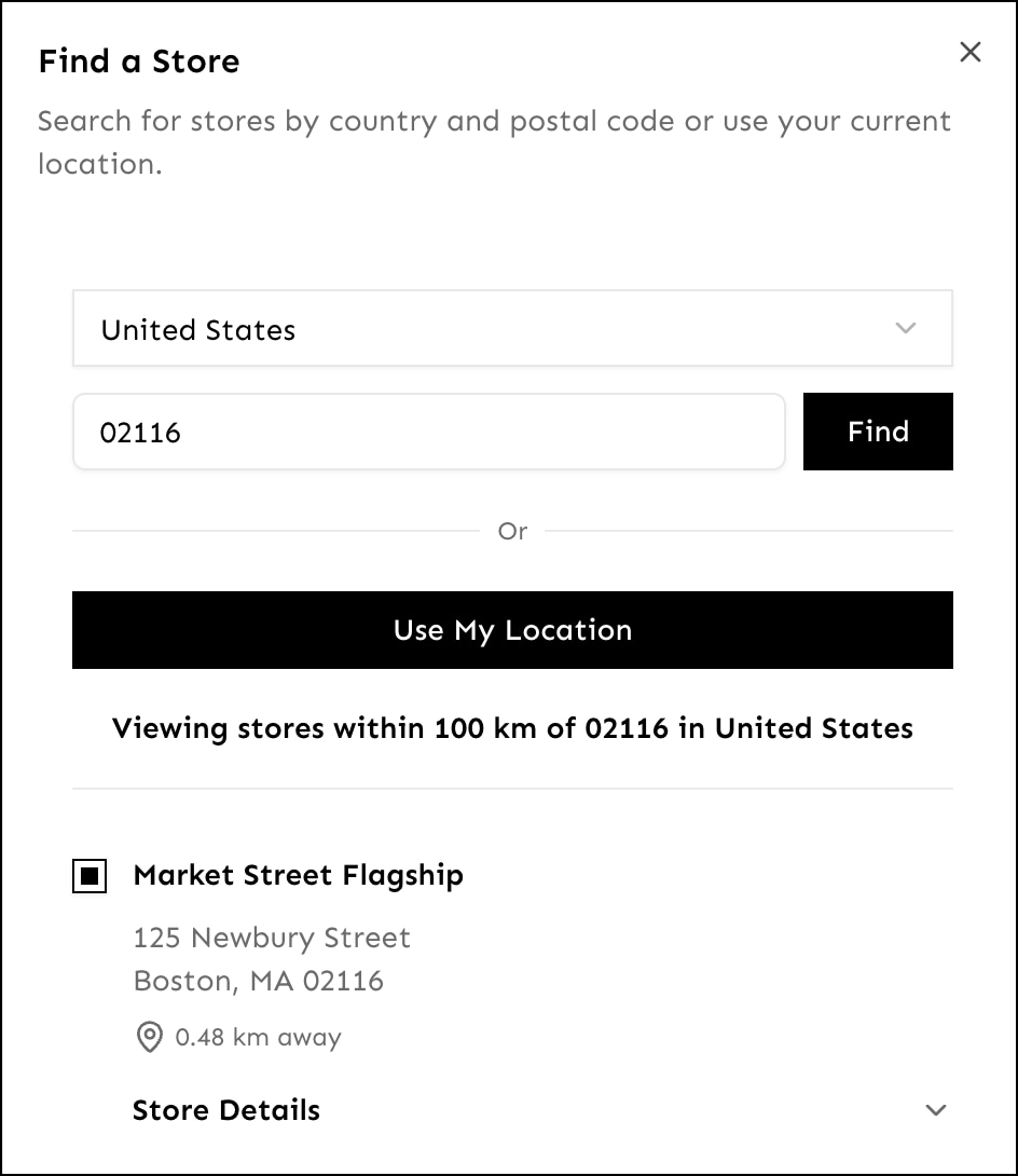 Find nearby stores by entering a zip code or by using geolocation