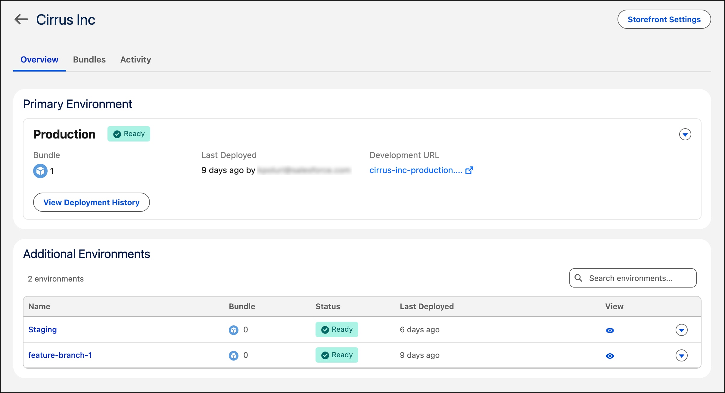 Storefront detail page showing available environments