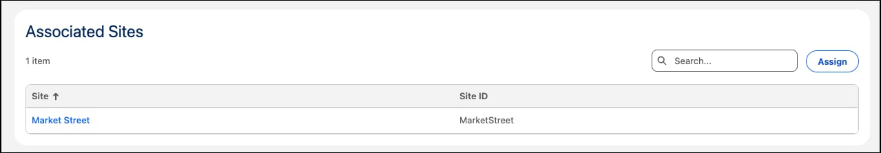 Assign sites section for changing site assignments for the storefront