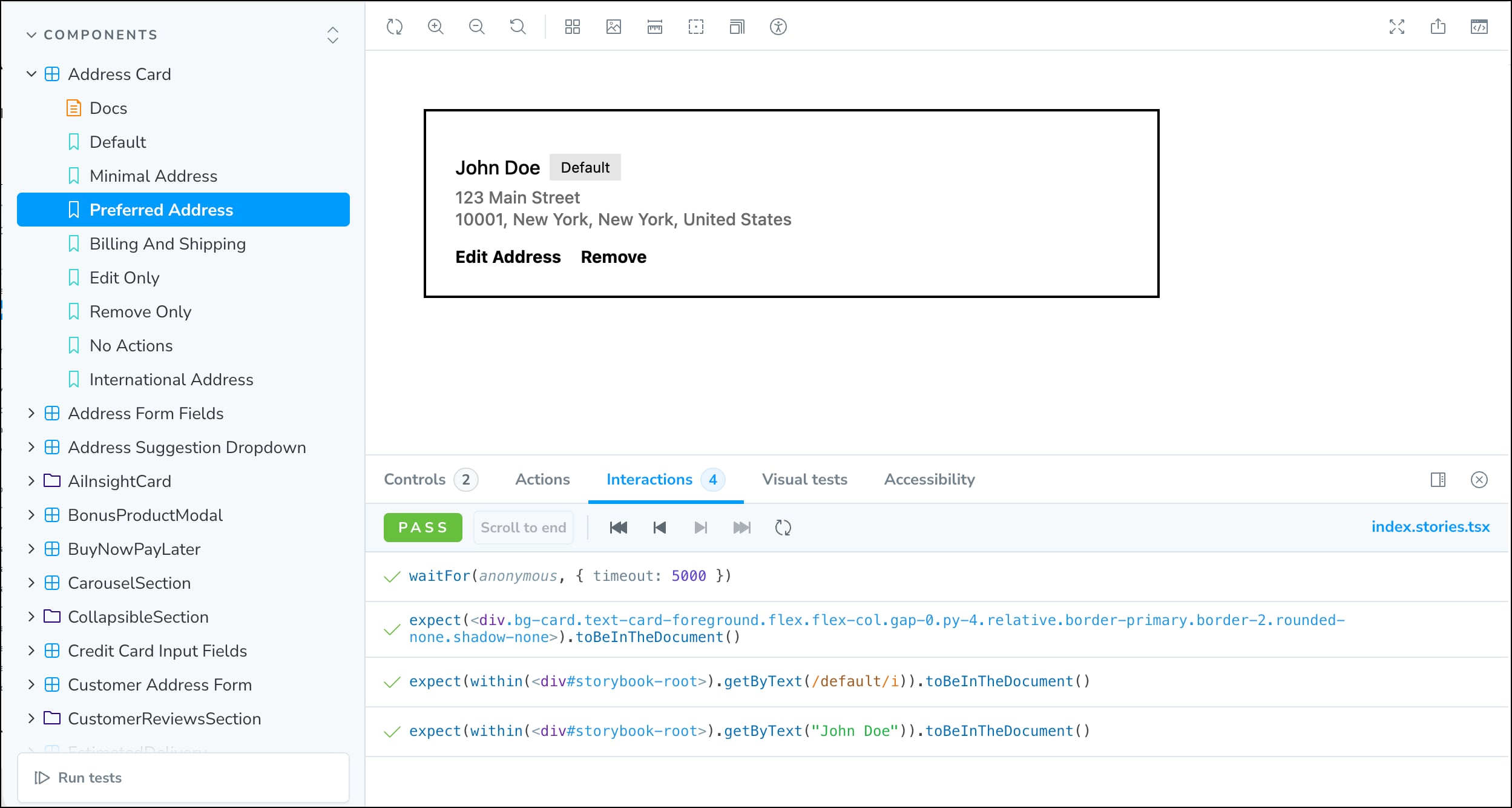 Storybook Address Card component testing in the browser