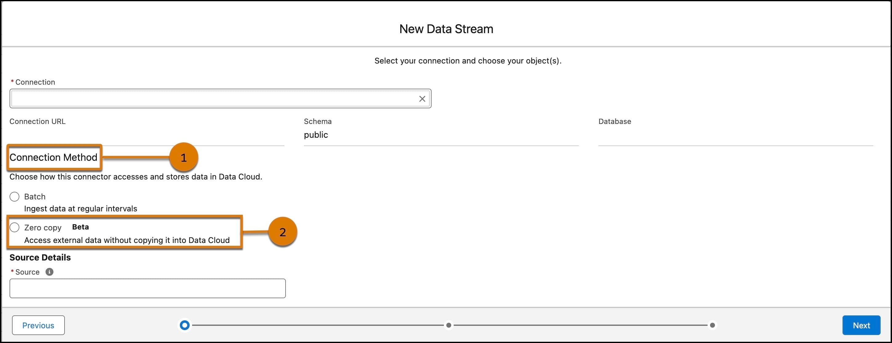 Select a connection method for creating a new data stream