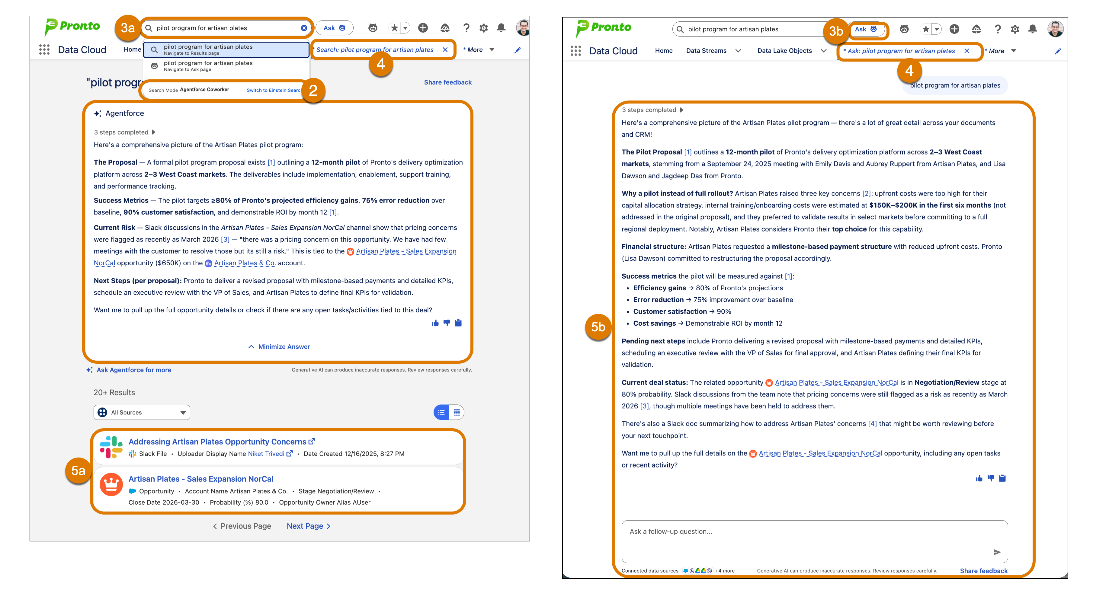 Image of the Agentforce Coworker search layout with numbered steps