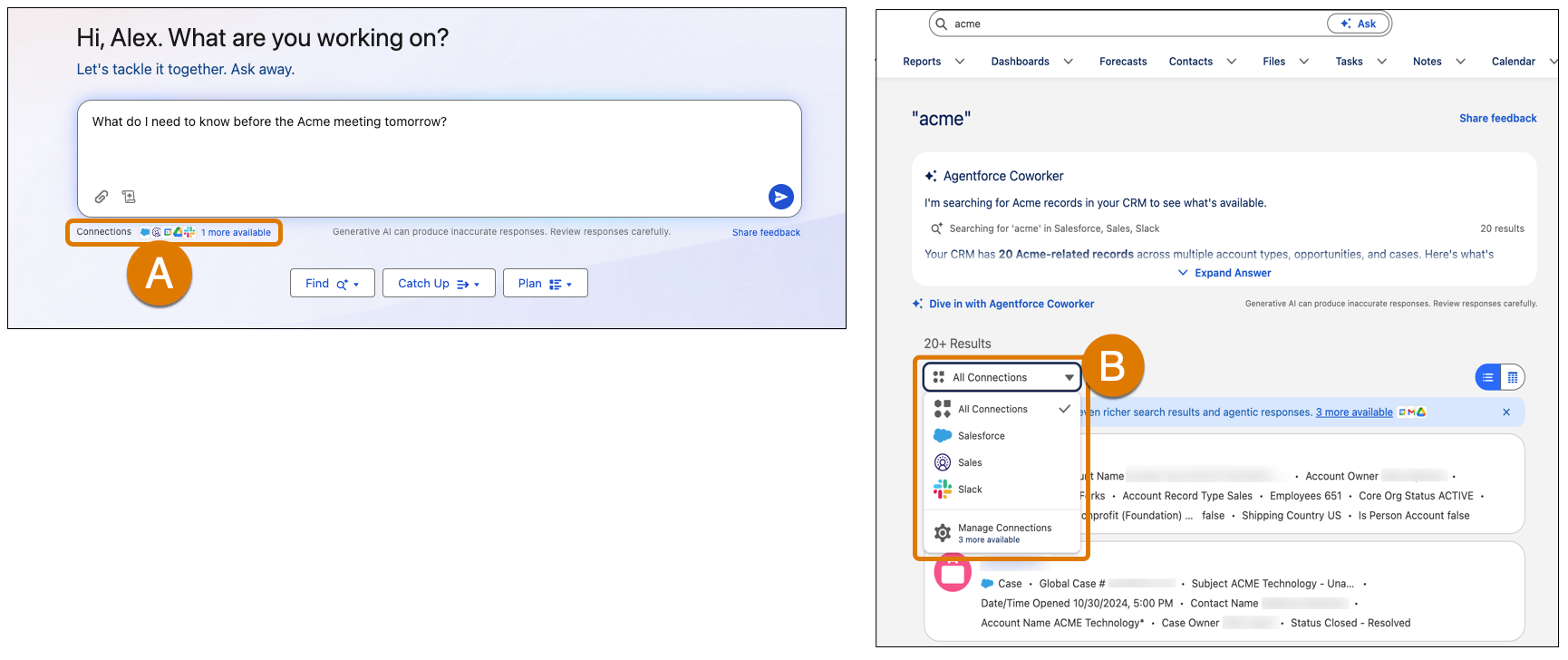 Image shows Method A from the Ask button connections link and Method B from the All Connections dropdown on the search results page