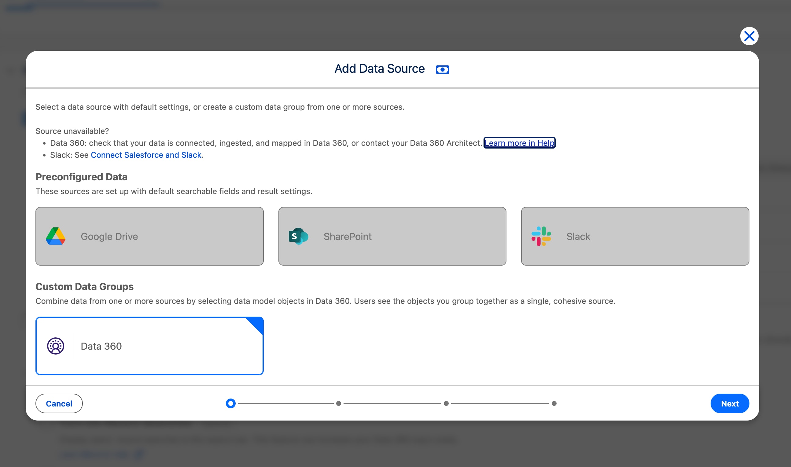Image shows the modal to select a data source