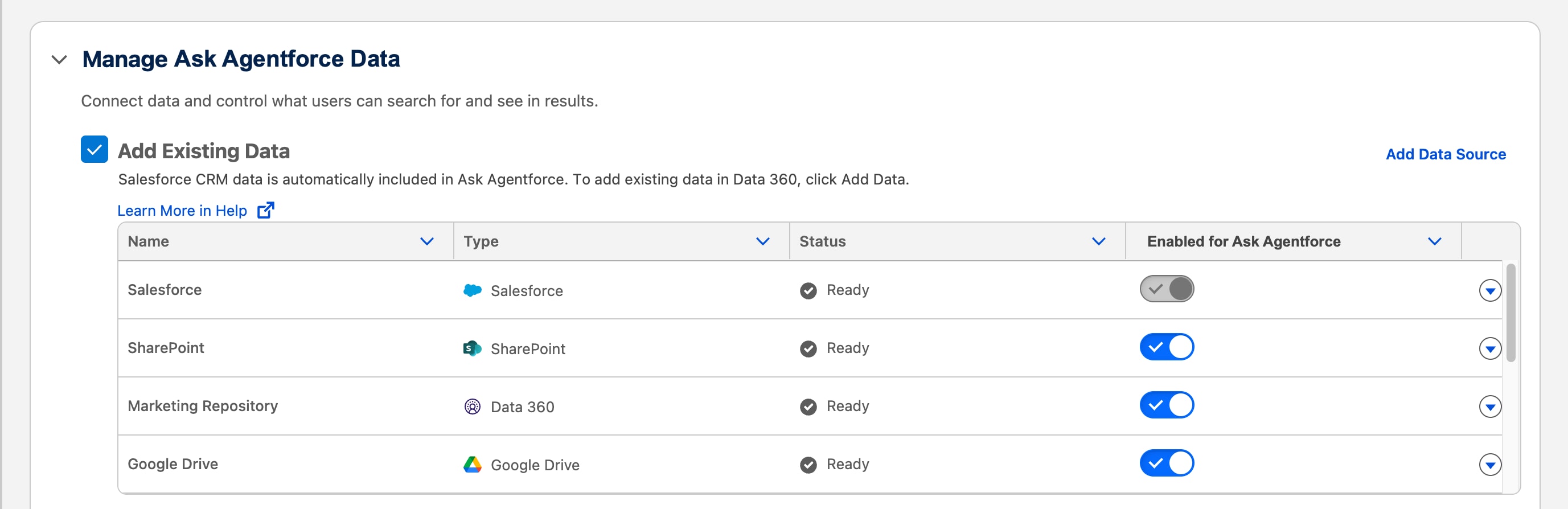 Image shows the Manage Agentforce Coworker Data section of the setup menu