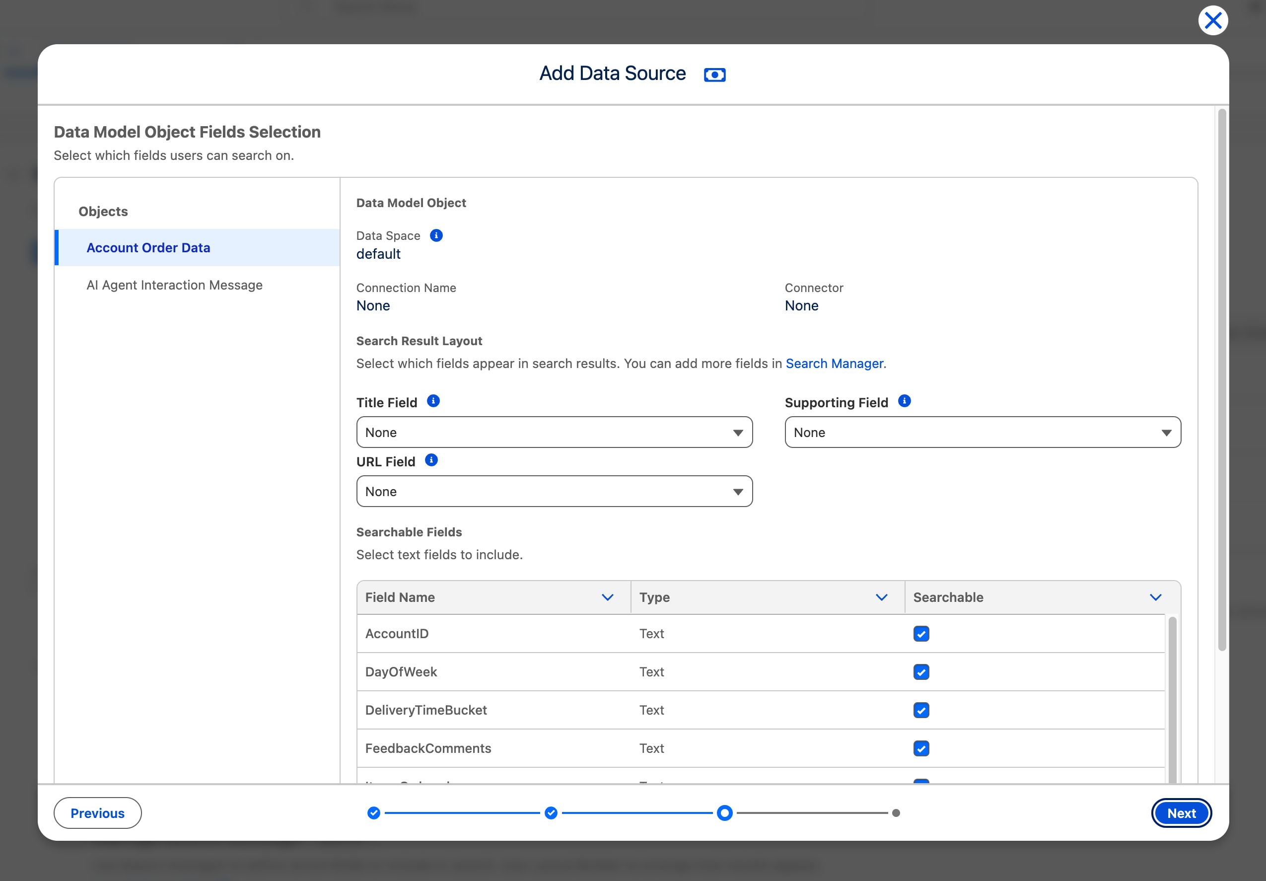 Image shows the modal to define searchable DMO fields