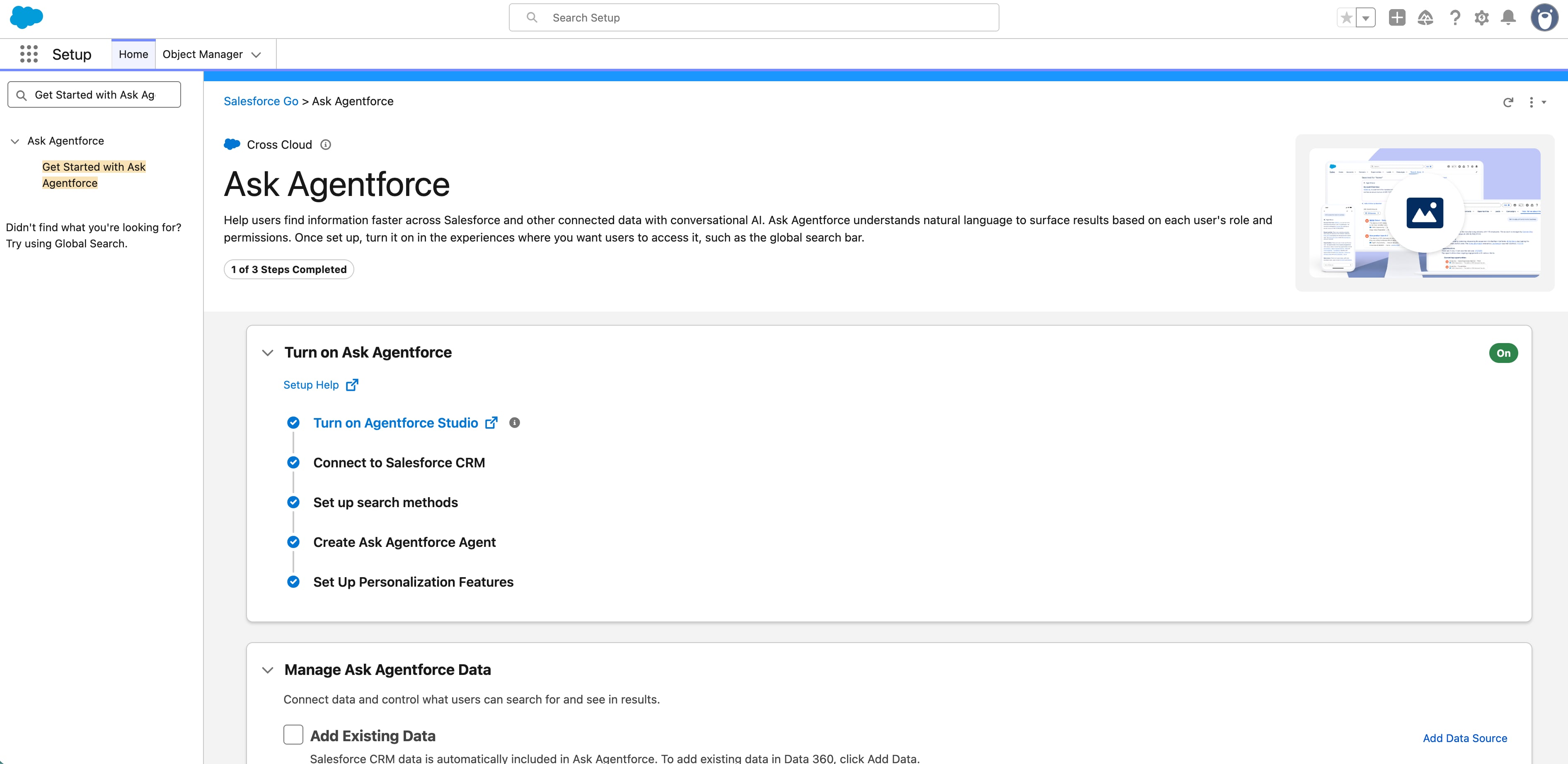 Image of the Agentforce Coworker Setup menu with automated steps completed