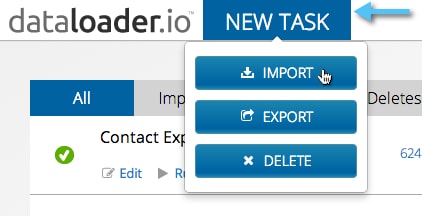 New Task menu with Import selected.