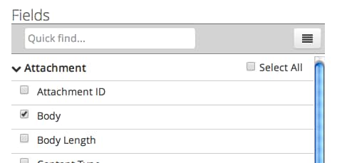 Export field list with Body and other attachment fields selected.