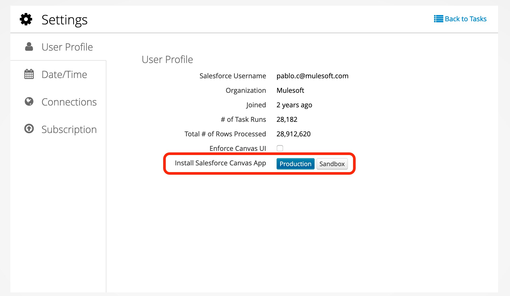 User Profile tab showing Install Salesforce Canvas App with Production and Sandbox buttons.