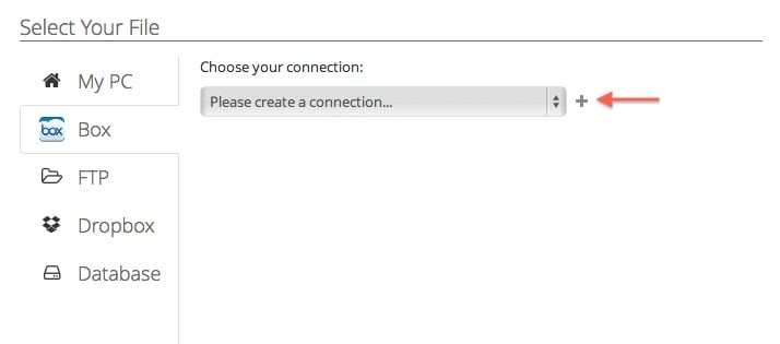 Source file chooser with Box tab and add storage account control.